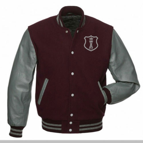 Grey Leather Black Wool Varsity Jacket:-