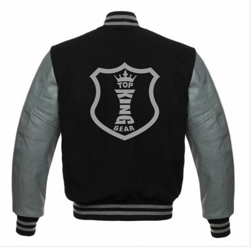 Grey Leather Black Wool Varsity Jacket:-