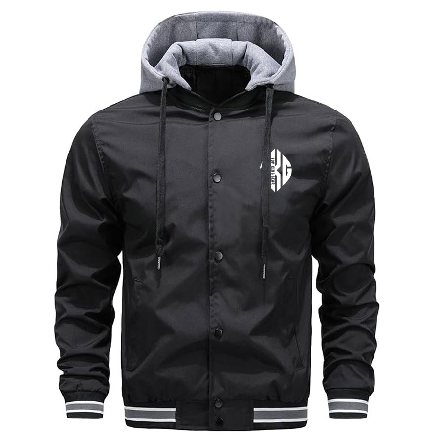 Men Varsity Hooded Button Down Softshell Jacket:-
