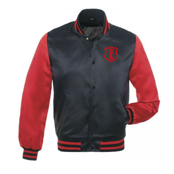 Black Satin Varsity Bomber Jacket Red Sleeves:-