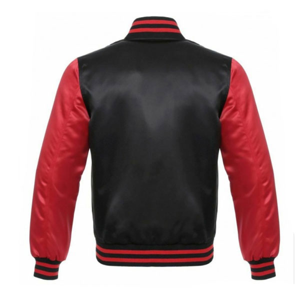 Black Satin Varsity Bomber Jacket Red Sleeves:-