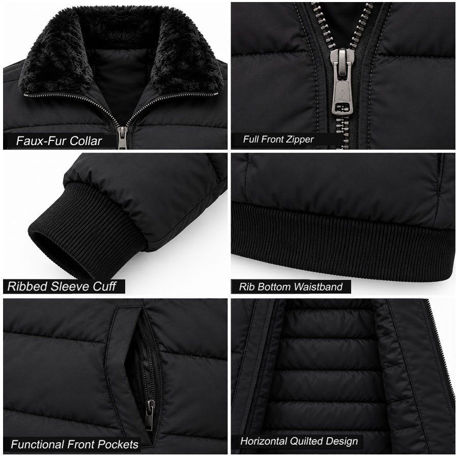  TOP KING GEAR Premium Black Fur Collar Quilted Puffer Bomber Jackets